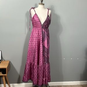 Women’s Silk Maxi Layered Open Back Shoulder Tie Purple Pink Dress OS